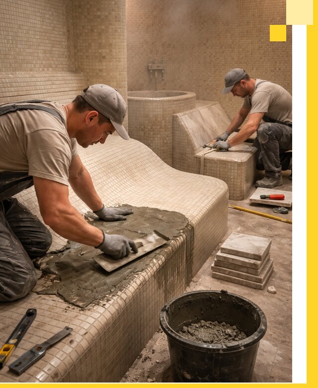 Лежаки для хамама под ключ в Магадане, проект и монтаж